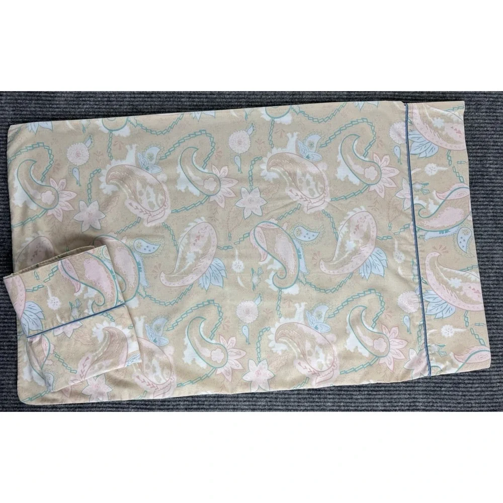 Vintage Standard Pillowcases Pair Pastel Paisley Tan Pink Blue Retro Boho Hippie
